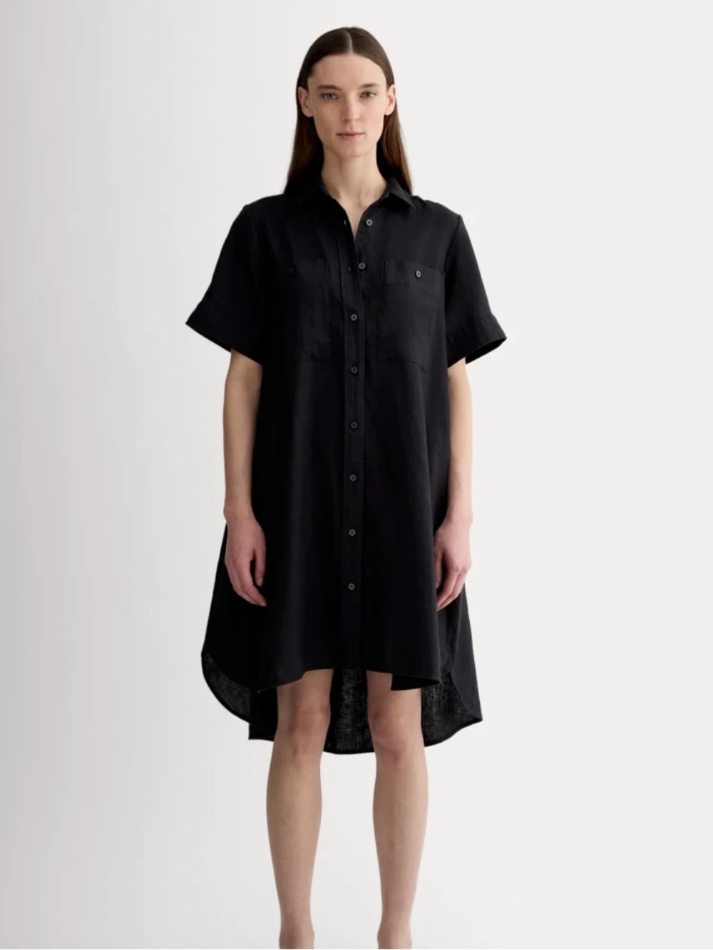 Everlane 100% linen Black Short-Sleeve Button-Down Shirt Dress
